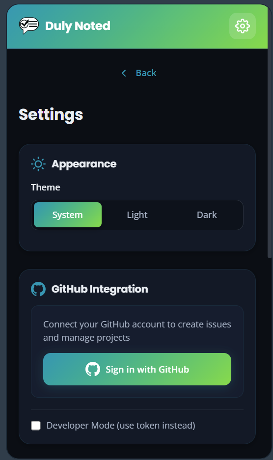 Settings page showing theme toggle and GitHub integration